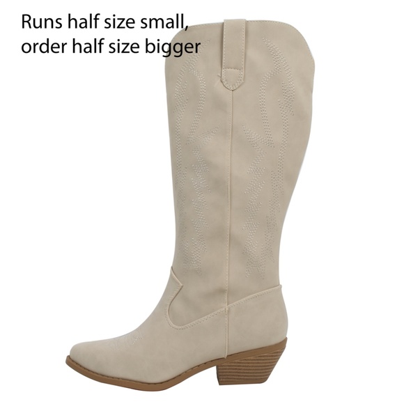 Size 8 Sand Faux Leather Stitching Cowboy Knee High Boots - Picture 4 of 6